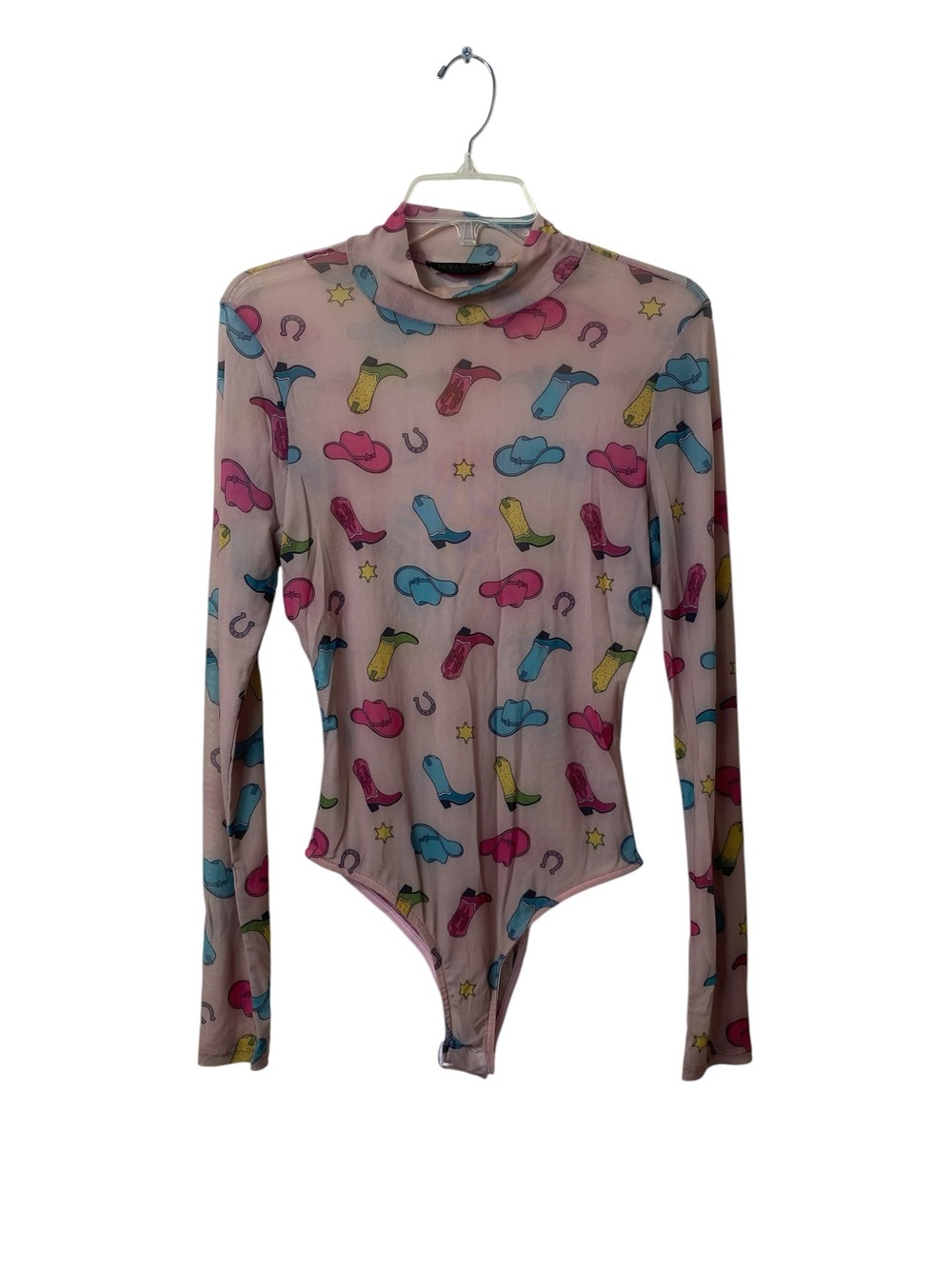 Sheer Cowboy Boot Print Mock Neck Bodysuit - Pink